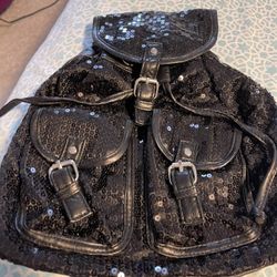 Sparkly black sequin backpack w real black leather...no specific name...