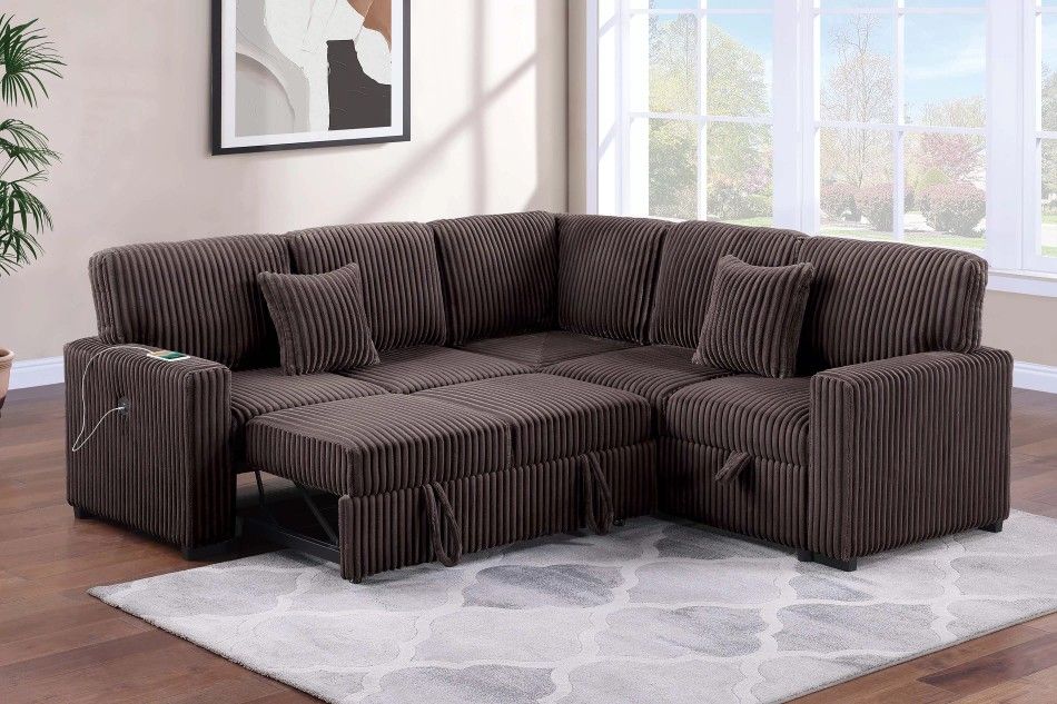 Brand New Brown Corduroy Sectional Sofa Storage Sleeper