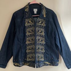 Vintage CHICO'S Embellished Beaded Denim Jacket With Sequins & Embroidery Sz 3.