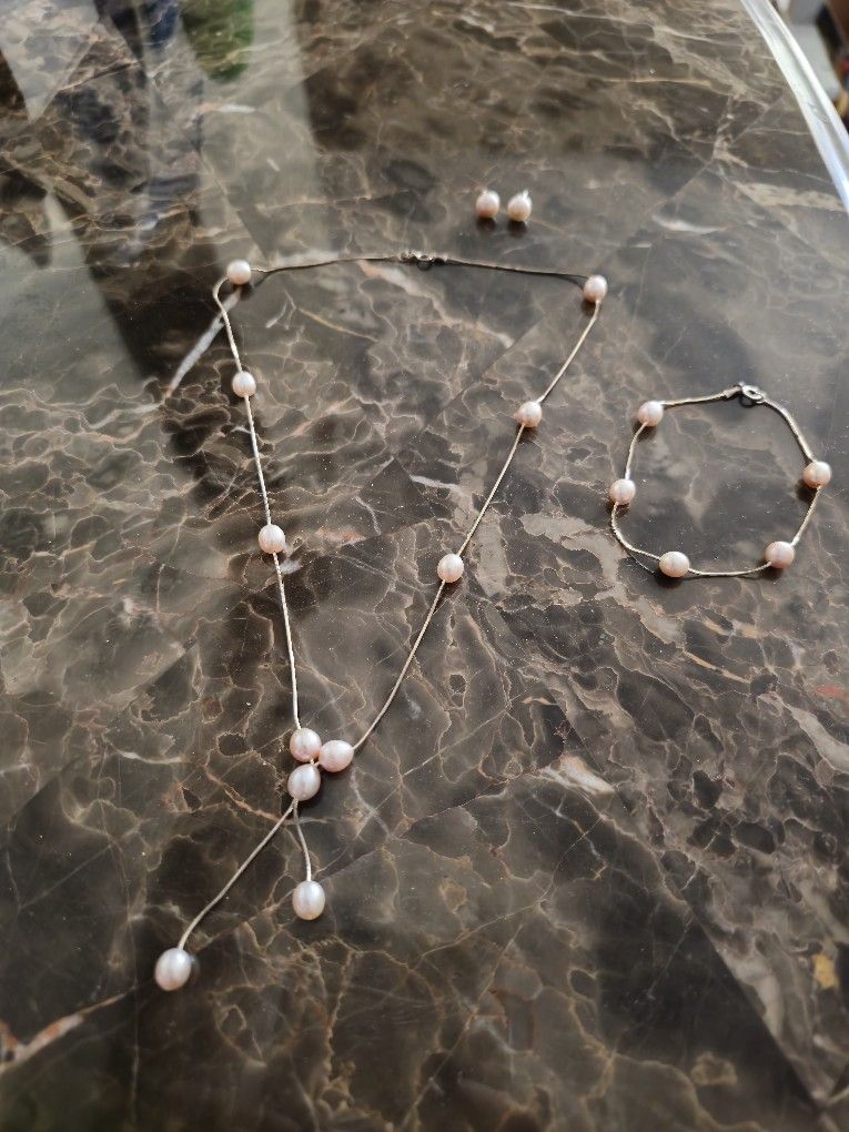 Fresh water pink pearl necklace bracelet earrings silver set