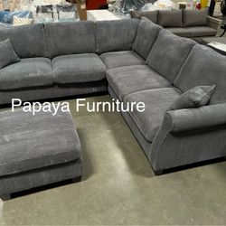 New! Comfy Plush Sectional Couch, Sectional And Ottoman, Grey Sofa, Gray Couch, Corduroy Sectional, L-Shaped Sofa, Living Room Sofa Set, Plush Couch