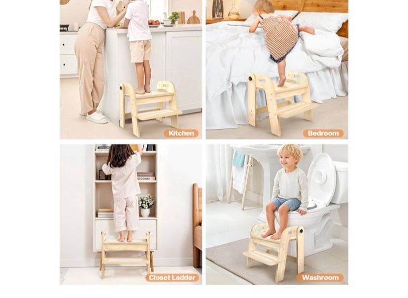 Toddler Step Stool, Wooden 2-Step Stool for Kids, Foldable Potty Training Stool with Handles for Bathroom Sink, Kitchen, Bedroom