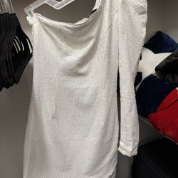 White, One Shoulder, Sequence, Short David’s Bridal Wedding Dress And Ivory Simple 24 Inch Veil