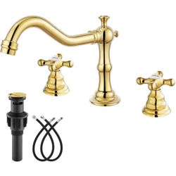 Bathroom Faucet 3 Hole 8 Inch Widespread Bathroom Sink Faucet 2 Cross Handles Vintage Lavatory Vanity Mixer Tap with Pop Up Drain, HOT Cold Label, Pol