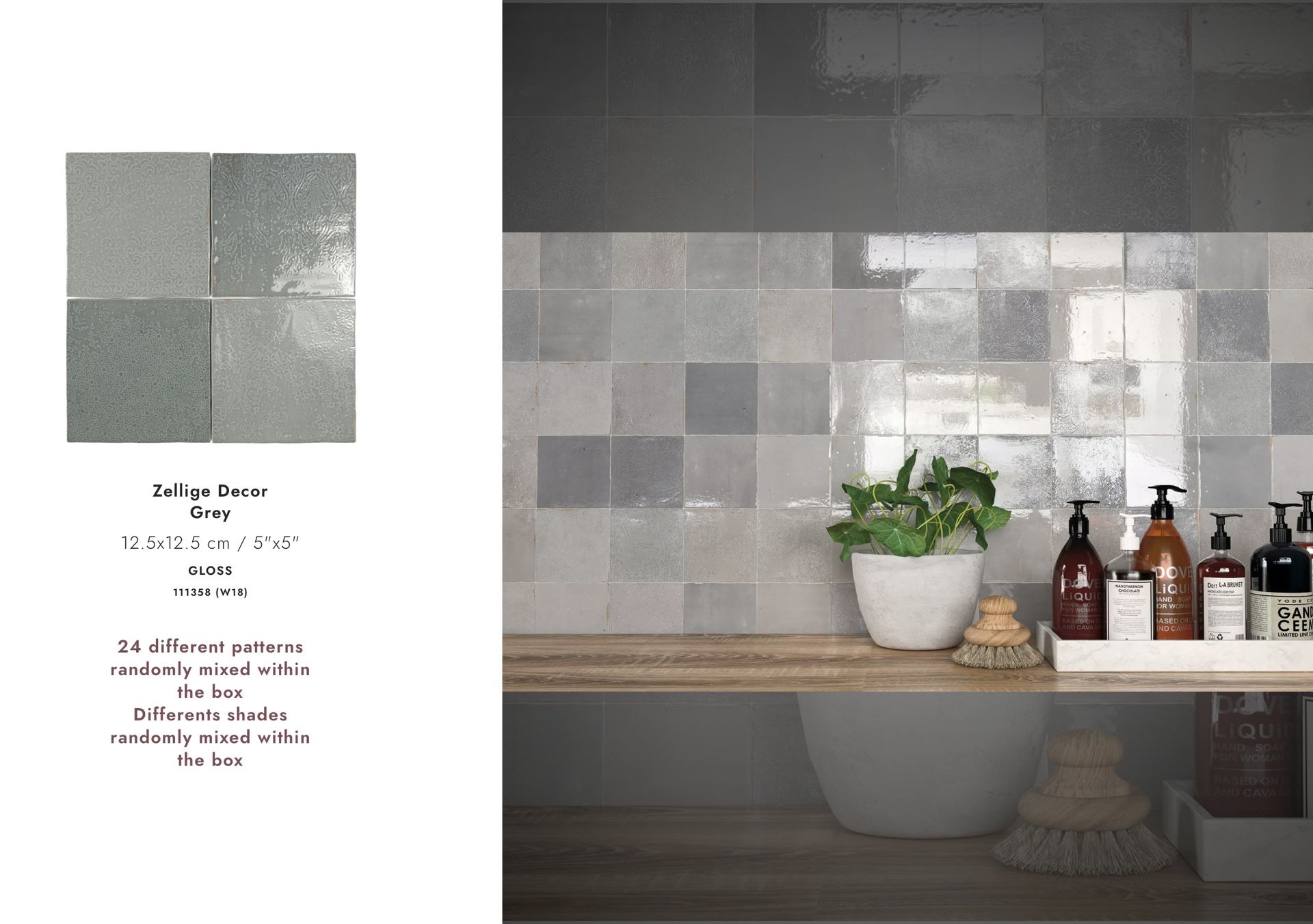 WOW Mestizaje Grey Glossy DECO 5x5 Tile, 100 SF $679 (500+ SF Available)