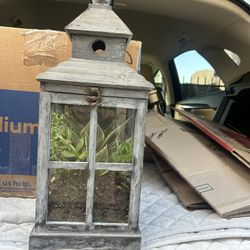 Rustic Wooden Lantern Terrarium with Glass Panels