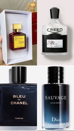 Baccarat Rouge, Creed Aventus, Bleu de Chanel, and Dior Sauvage $50 each