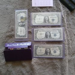 4 Old Blue Seal Dollar Bills  Two from 1935d,1935e,1957b,1957b And the United States Mint Proof Set 1990