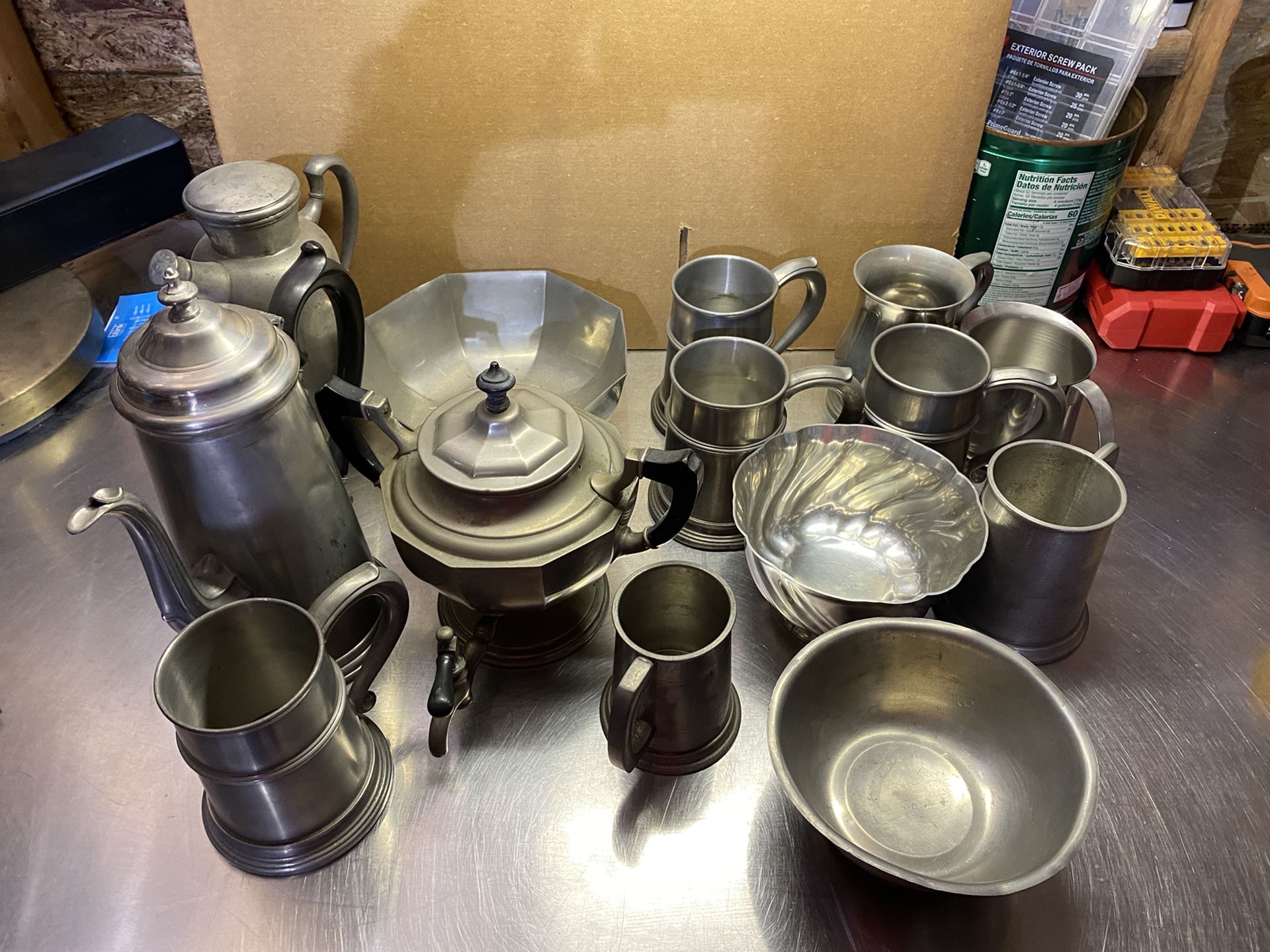 Lot Of Vintage Pewter Cups, Bowls And Other Stuff