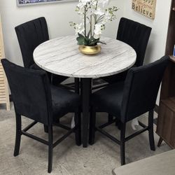 BRAND NEW Marble Design Counter Height Table + 4 Velvet Chairs Black or Gray 