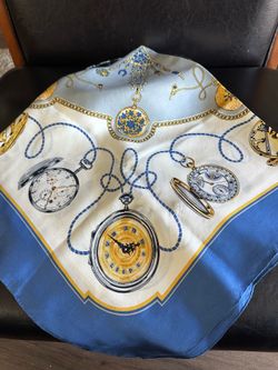 Authentic Rolex Genève Silk Scarf  35 x36" Twill Technique 1980s Blue,Gold,White Watch Motif Switzerland