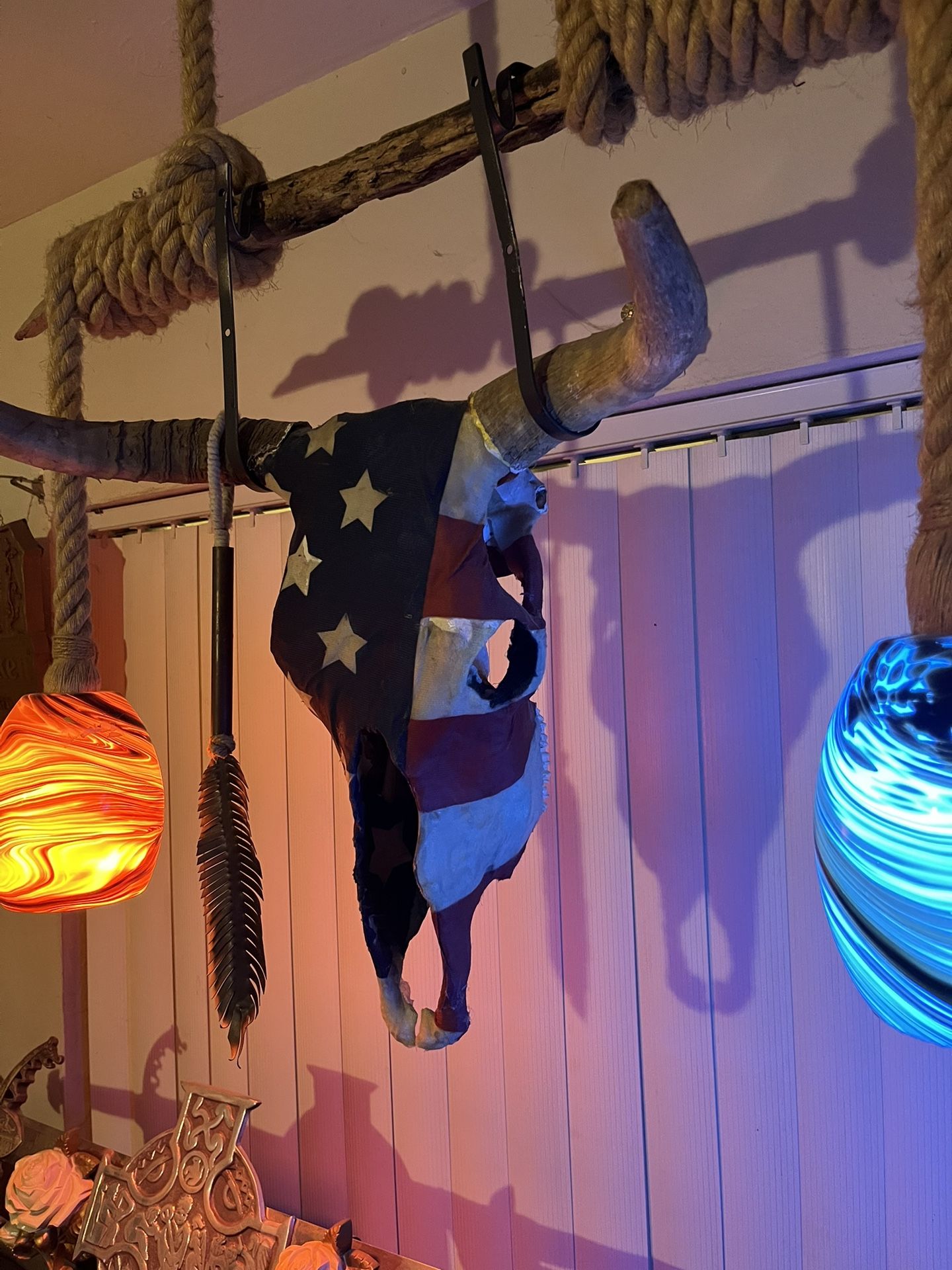 Bull Skull Hanging Lamp. Skull Is Upholstered With The American Flag I , Color Changing Leds Under Art Glass Lamps $  150 Firm
