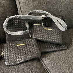 3 Pc Black Handbag Set Woven/ Tote /Pouch Crossbody/ Zip Around Wallet 