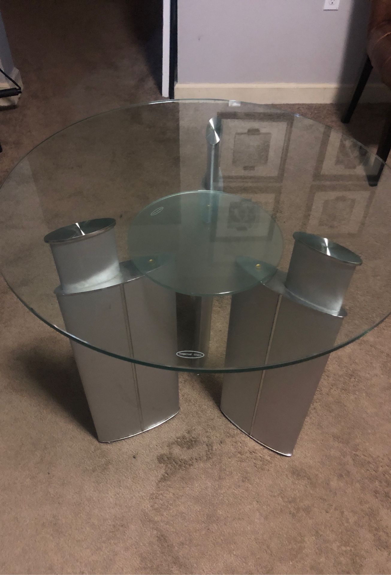 Console table tempered glass, silver metal holder $80