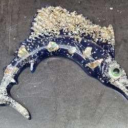 Vintage Acrylic Resin Abolonie Shell Swordfish Wall Plaque 