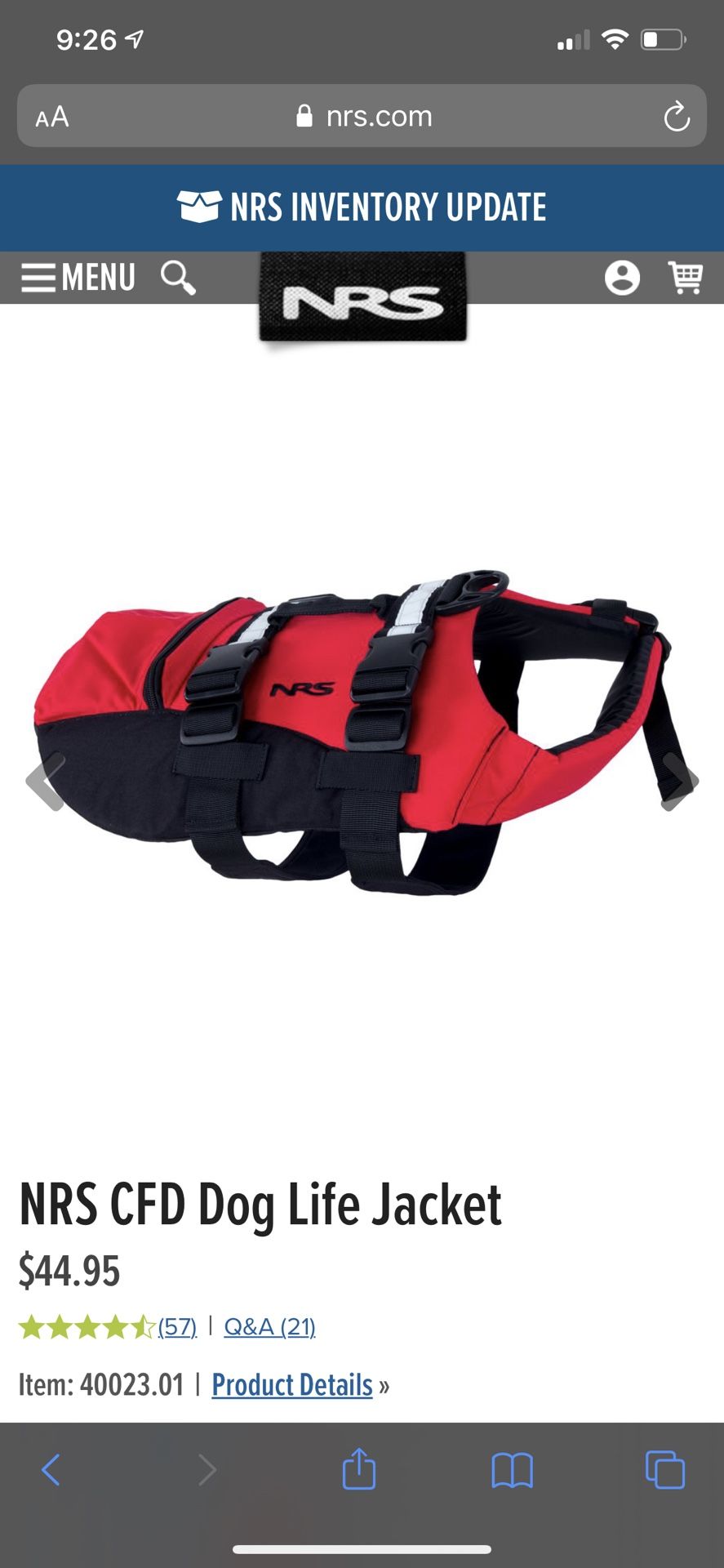 NRS CFD Dog Life Jacket