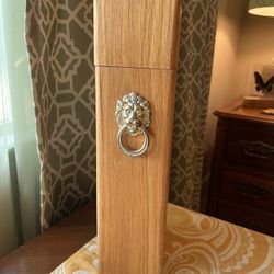 Vintage Wood & Brass Fireplace Box Match Holder with Lionhead Ring 12” x 3”