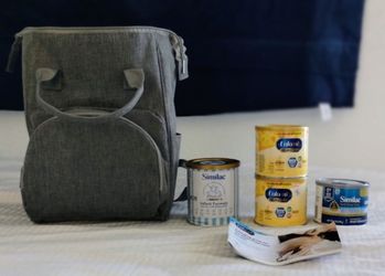 Complete Baby Starter Bundle: 4 Sealed Formula Cans + Gray Diaper Bag Backpack