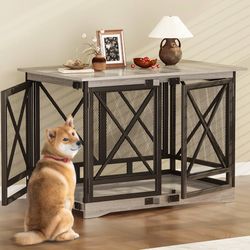 48" Wooden Large Furniture Dog Crate Indoor with 3 Doors & Metal Mesh - Grey