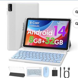 Android 14 Tablet 10 inch,2 in 1 Tablets with Keyboard,8GB RAM 32GB ROM 1TB Expand,Octa-core 5G Dual-Band WiFi 6,Equipped with Camera,6000mah Battery-