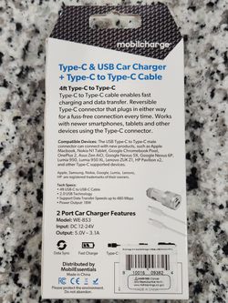 NEW Type-C & USB Car Charger + 4-ft. Type-C to Type-C Cable Thumbnail