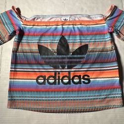 Pre Owned Excellent  Adidas Originals X Farm  Off The Shoulder Shirt  Striped Printed Multicolored  Women Size Medium