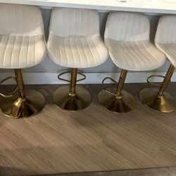Set of 4 Cream Velvet & Gold Adjustable Bar Stools 