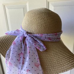 Straw Floppy Hat w/ Flamingo Ribbon