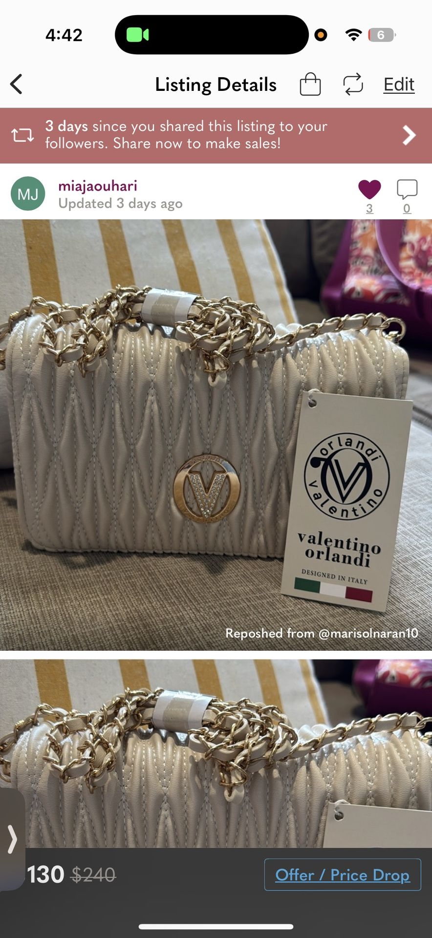 ✨Valentino Orlandi Silk Crème Purse – new with tags