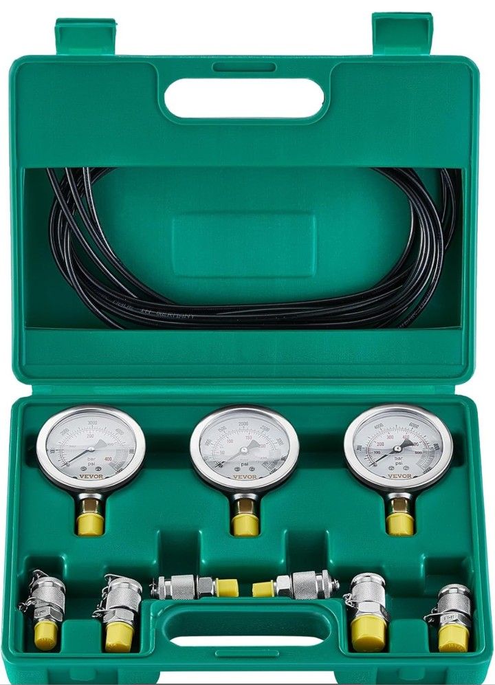 Hydraulic Pressure Test Kit, 250/400/600bar, 3 Gauges 6 Test Couplings 3 Test Hoses, Excavator Hydraulic Test Gauge Set with Portable Carrying Case fo