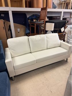 74” loveseat features white upholstery and modern metal legs