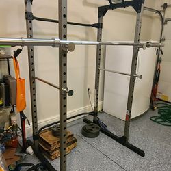 Squat Cage, Barbell, Weights, And Bench