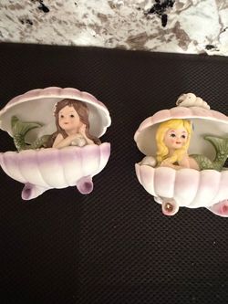 Adorable Lot Of Two Mermaid in Seashell Ceramic Figurines