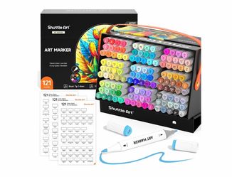 Shuttle Art Brush Tip Alcohol Markers, Dual Tip Brush & Fine Tip Art Marker Set, 121 Colors Marker Pens with Organized Case Perfect for Illustration K