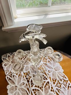 Antique Unique Glass 6 Arms Candle Holder With Bird Candle Snuffer On The Top