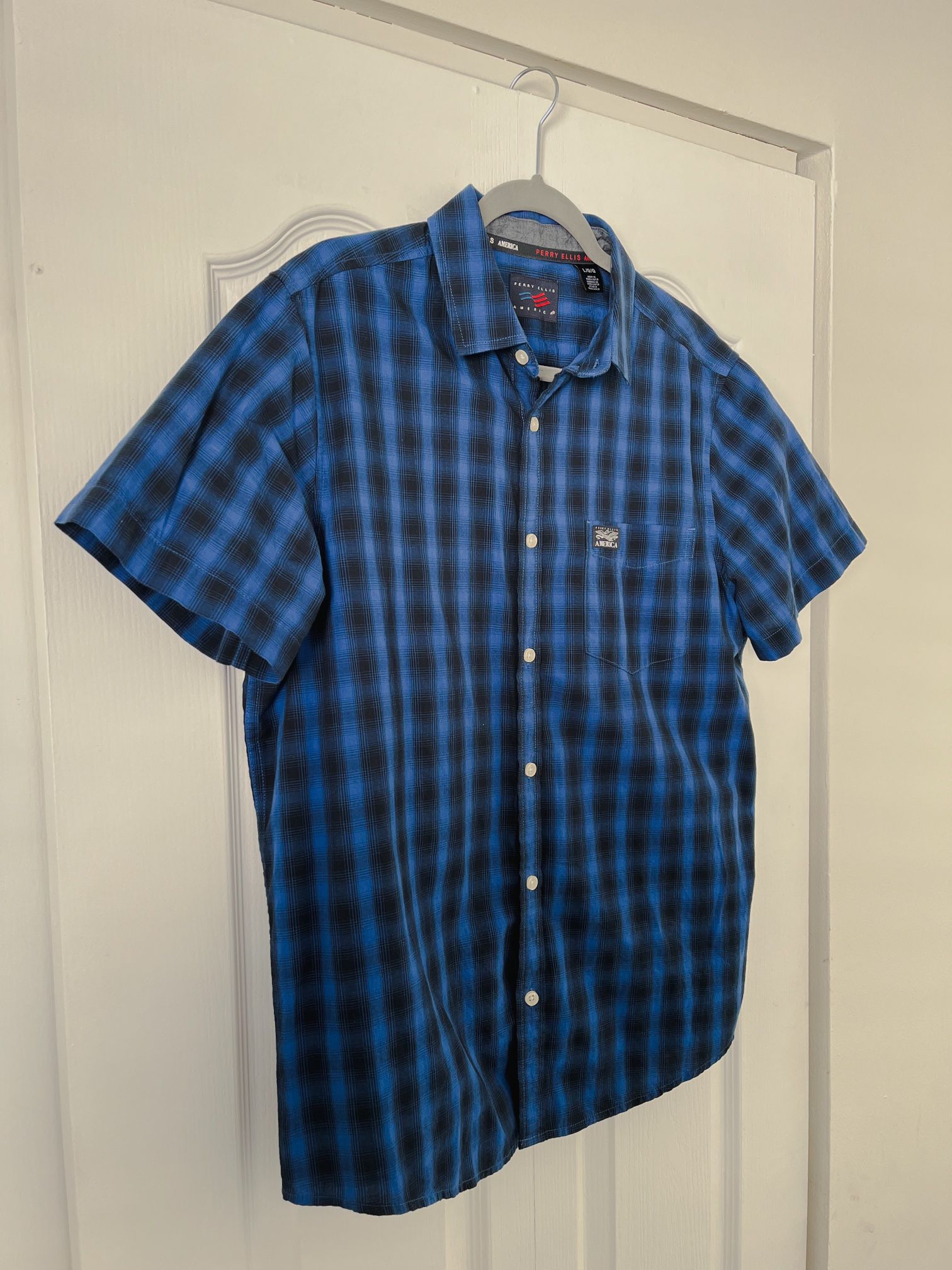Perry Ellis Blue and Black Plaid Shirt - Men's Size L