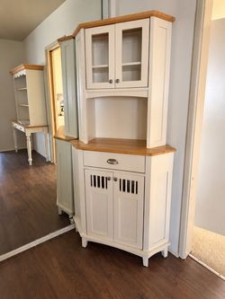 White and Oak Kitchen Hutch Cabinet