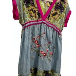 Johnny Was Floral Embroidered Dress V-Neck Tie Waist Small Colorful Boho
