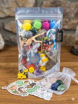 MEGA MIX Goodie Bag $20 (Anime, Crystals, Real Fossil, free Stickers & Keychains!