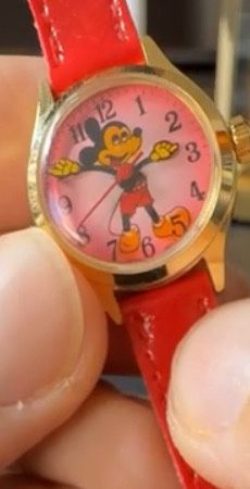 Vintage Mickey Mouse Mechanical Women's Watch Red Leather Band - Runs Great!