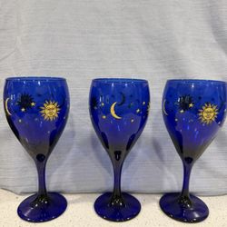 Set Of 3 Vintage Blue Celestial Wine Glasses 