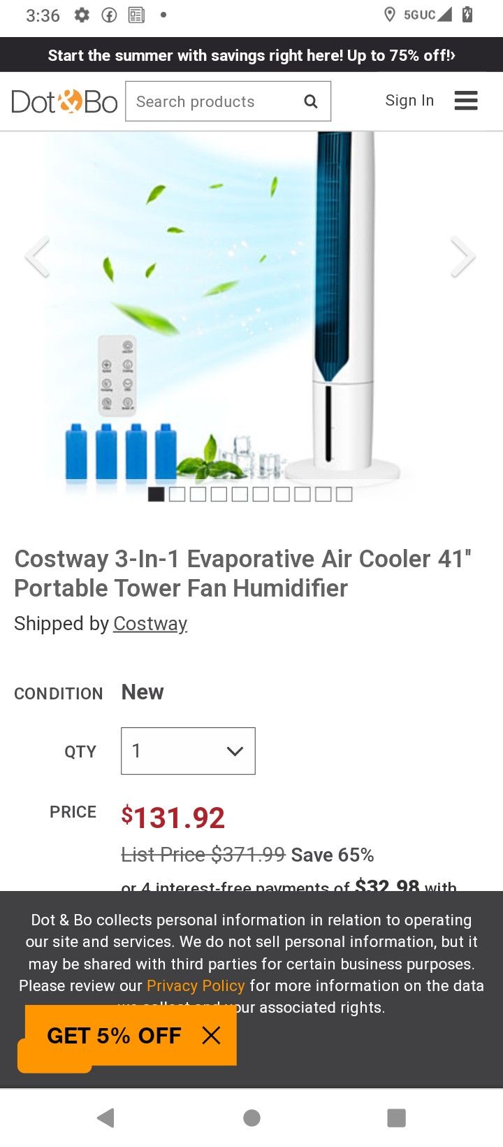Tower Fan Air Cooler Portable New $100