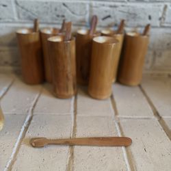8 Unique, RARE Handmade Bamboo Cups, 7 Long Stir Spoons Made In Queensland 