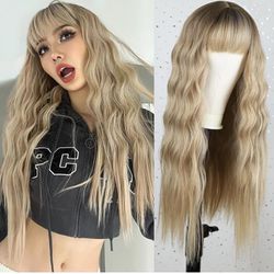 Human hair blend ombre blonde wig with bang.