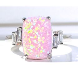 Size 8, 925 Sterling Silver Lab Created Pink Fire Opal CZ Ring