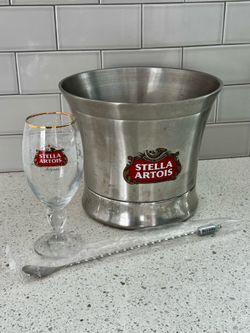 Authentic Stella Artois Home Bar Set – Stainless Steel Ice Bucket, Signature Gold-Rimmed Chalice, & Ritual Mixing Spoon