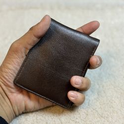 Brown Genuine Leather Bifold Wallet with ID Window & Multiple Card Slots