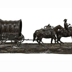 Beautiful R. Clark (American, 20th Cen.) BRONZE American West Sculpture - Patinated bronze sculpt. 13" H x 33" L x 10" W
