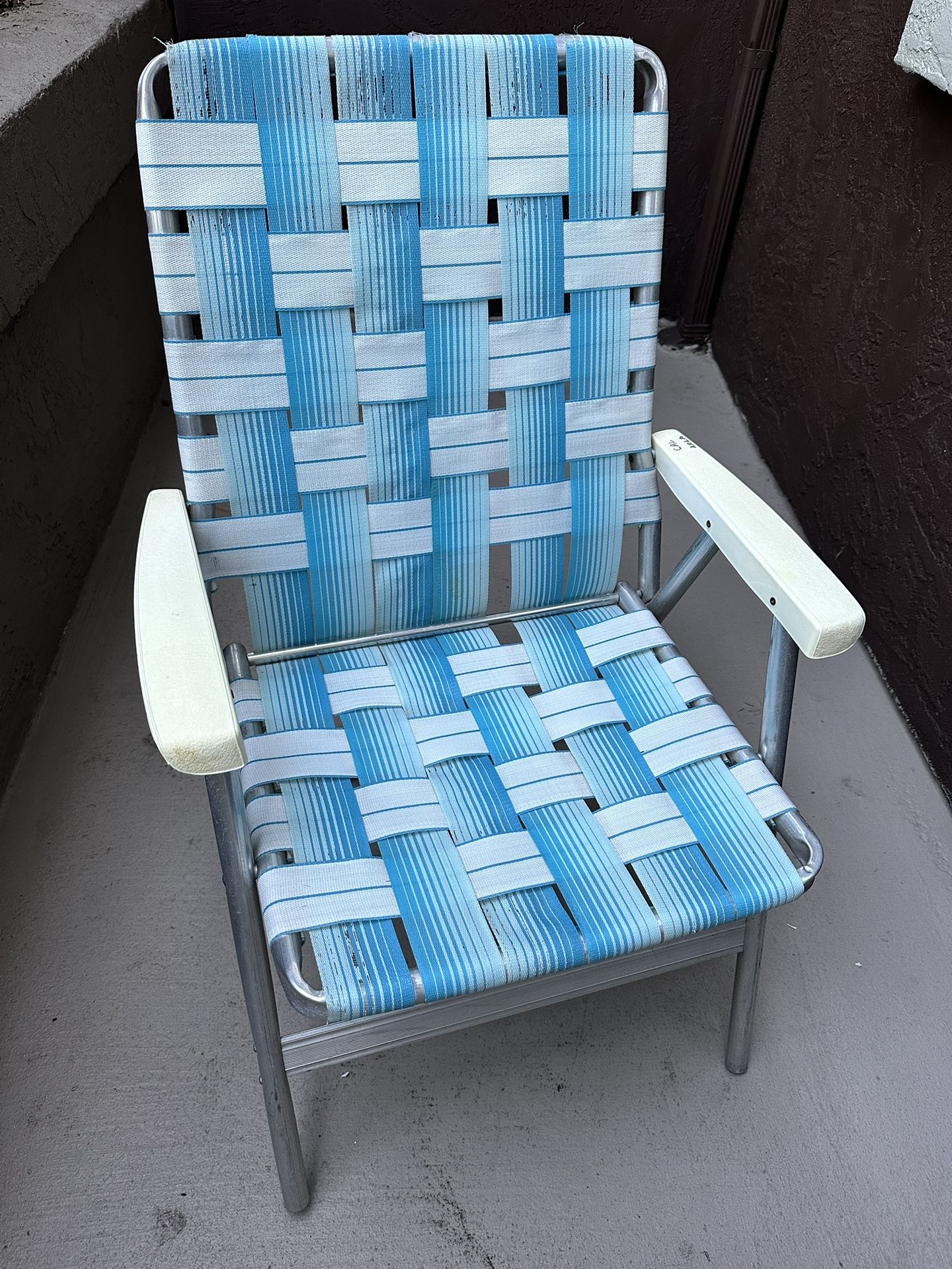 Mid Century Aluminum Lawn Chair with Blue and white webbing