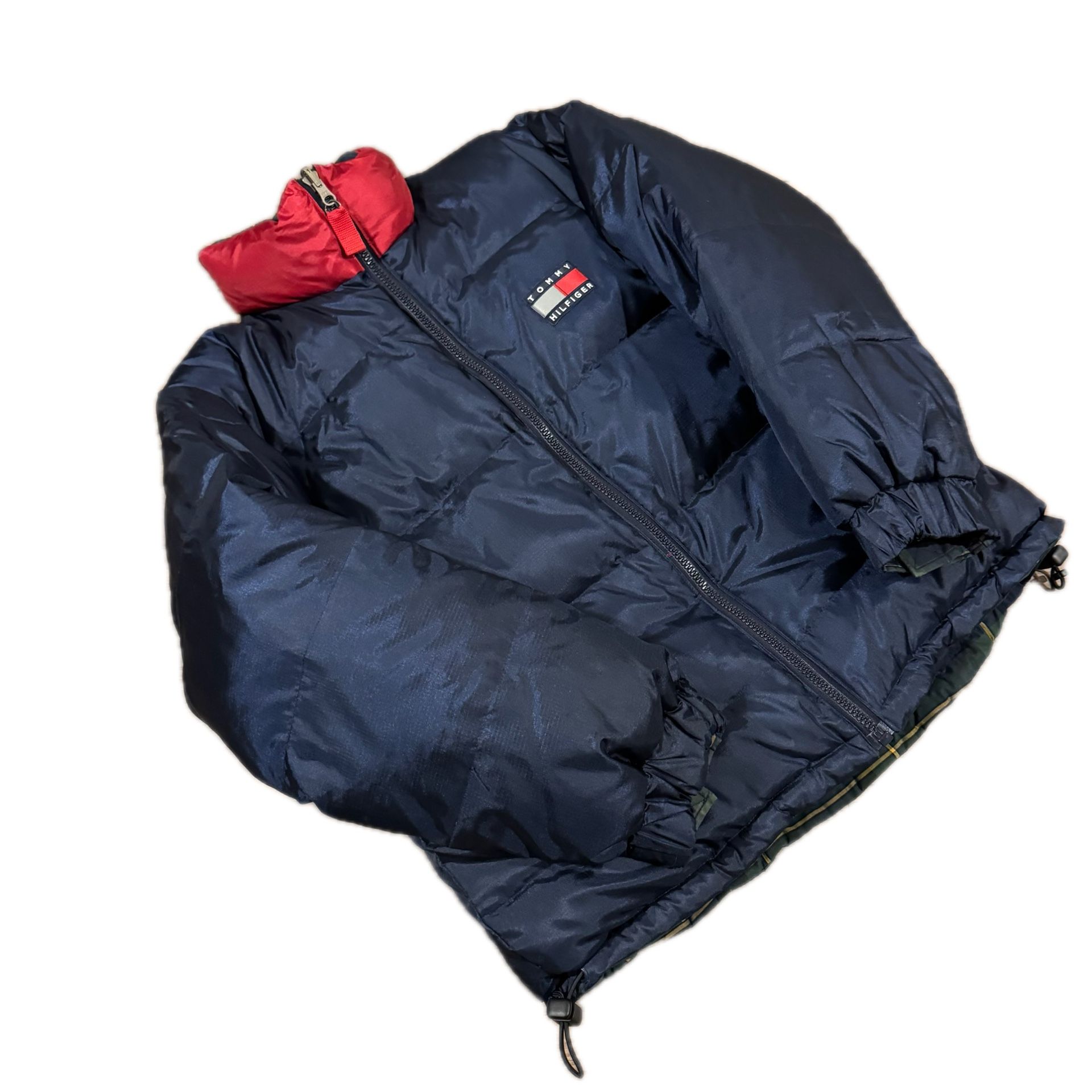 Tommy Hilfiger Men's Vintage Y2K Down Reversible Plaid Red Puffer Jacket Size L
